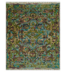 Custom Made Hand Knotted Transitional Green, Pink and Purple wool Area Rug