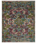 Custom Made Hand Knotted Transitional Green, Pink and Purple wool Area Rug