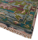 Custom Made Hand Knotted Transitional Green, Pink and Purple wool Area Rug
