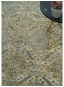 Custom Made Ivory, Brown and Blue Traditional Hand Knotted Wool Area Rug