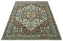 Custom Made Ivory, Silver, Peach and Olive Hand Knotted Traditional Heriz wool Area Rug