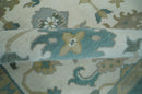 Custom Made Ivory, Teal and Beige Floral Hand Knotted Traditional Oushak Wool Area Rug