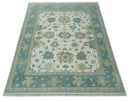 Custom Made Ivory, Teal and Beige Floral Hand Knotted Traditional Oushak Wool Area Rug