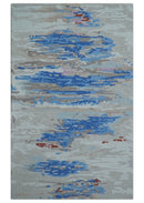 Custom Made Modern Abstract Silver And Blue Hand Tufted Wool  Rug