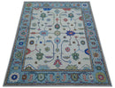Custom Made Modern Oushak Ivory And Blue Hand Tufted Wool Area Rug