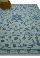 Custom Made Oriental Uzbek Design Floral Ivory And Blue Hand Tufted Wool Rug