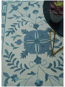 Custom Made Oriental Uzbek Design Floral Ivory And Blue Hand Tufted Wool Rug