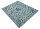Custom Made Oriental Uzbek Design Floral Ivory And Blue Hand Tufted Wool Rug