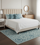 Custom Made Oriental Uzbek Design Floral Ivory And Blue Hand Tufted Wool Rug