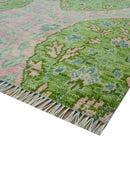 Custom Made Pink And Green Traditional Floral Motifs Design Hand Knotted wool area rug