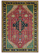 Custom Made Red And Green Traditional Heriz Design Hand Knotted Wool Rug