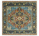 Custom Made Rust and Blue Traditional Medallion Hand Knotted Wool Area Rug