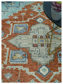 Custom Made Rust And Blue Traditional Serapi Design Hand Knotted Wool Rug