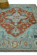 Custom Made Rust And Blue Traditional Serapi Design Hand Knotted Wool Rug