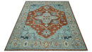 Custom Made Rust And Blue Traditional Serapi Design Hand Knotted Wool Rug