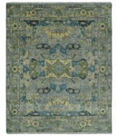 Custom Made Silver, Moss Green and Blue Heriz Traditional wool Area Rug
