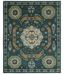 Custom Made Teal and Ivory Hand Knotted Traditional Mamluk Design wool Rug