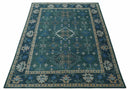 Custom Made Teal, Blue, Peach and Silver Hand Knotted Traditional Heriz wool Area Rug