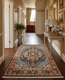 Custom Made Traditional Blue and Rust Hand Knotted Wool Area Rug