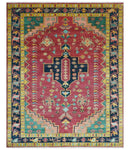 Custom Made Traditional Heriz Design Red And Green Hand Knotted Wool Rug
