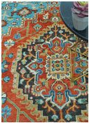 Custom Made Traditional Heriz Design Rust And Blue Hand Knotted Wool Rug