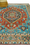 Custom Made Traditional Heriz Design Rust And Blue Hand Knotted Wool Rug