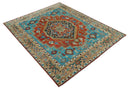 Custom Made Traditional Heriz Design Rust And Blue Hand Knotted Wool Rug