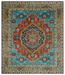 Custom Made Traditional Heriz Design Rust And Blue Hand Knotted Wool Rug