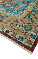 Custom Made Traditional Heriz Design Rust And Blue Hand Knotted Wool Rug