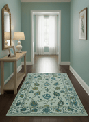 Custom Made Traditional Ivory And Blue Oushak Hand Tufted Wool Area Rug