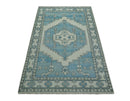 Custom Made Traditional Turkish Blue And Ivory Hand Knotted Wool Area Rug
