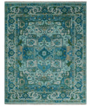 Custom Made Transitional Aqua and Ivory Hand Knotted Antique Style Traditional Wool Rug