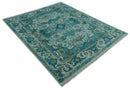 Custom Made Transitional Aqua and Ivory Hand Knotted Antique Style Traditional Wool Rug