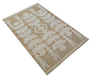 Custom Made Tribal Brown And Ivory Hand Knotted Wool and Jute Rug