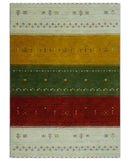 Custom Made Tribal Gabbeh Ivory, Gold, Green and Maroon Geometrical Stripes Design Wool area Rug