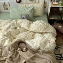 Cute cartoon washed cotton bedding set cream & blue bedroom sheets