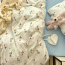 Cute cartoon washed cotton bedding set cream & blue bedroom sheets
