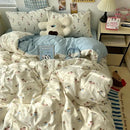 Cute cartoon washed cotton bedding set cream & blue bedroom sheets