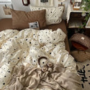 Cute cartoon washed cotton bedding set cream & blue bedroom sheets