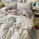 Cute cartoon washed cotton bedding set cream & blue bedroom sheets