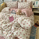 Cute cartoon washed cotton bedding set cream & blue bedroom sheets
