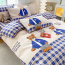 Cute printed cotton duvet cover cream & navy bedroom bedding set