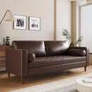 Mirod Mid-Century Modern PU Leather 3-Seat Sofa, Tufted Design, Solid Wood Legs, 2 Bolster Pillows, Comfortable Couch for Living Room & Home Office