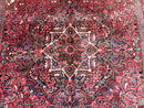 Persian Heriz Rug 7x10, Red and Navy, Geometric Medallion, Vintage Wool Carpet