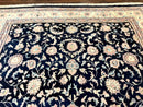 Indo Persian Rug 9x12, Navy Blue and Ivory/Cream, Floral Allover, Wool Vintage Handmade Carpet