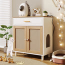 Pet-Friendly Furniture Style Cat Litter Box House with Sisal Scratching Door and Charging Socket, Beige+White MDF