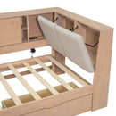 Wooden Twin Size L-shaped Daybed Corner Bed Under-bed Drawers  with Storage Bookcase and Upholstered Headboard and USB Charging Ports for Limited Space,Natural