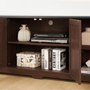 Modern Farmhouse TV Media Stand, Large Barn Inspired Home Entertainment Console, for TV Up to 80", with Open Shelves and Closed Cabinets, Espresso and Black, 70"Wx15.55"Dx26.89"H