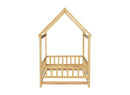 Twin Size House Floor Wooden Bed with Roof Frame,Safety Guardrails,Natural