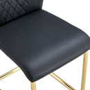 Table and chair set.71 * 35.4 inch rectangular dining table.Tempered Glass Tabletop,Golden 7-shaped Metal Table Legs.Paried With 8 Black High-quality PU Chairs With Arched Metal Legs.W1151S03301